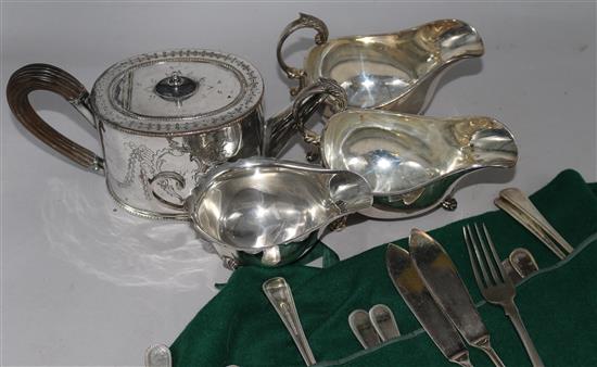 A silver sauceboat, cased silver apostle teaspoon set, a silver fork and plated wares.